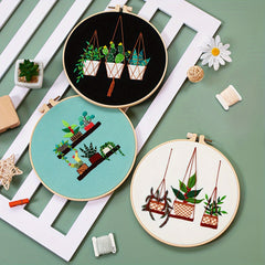 3pcs Green Plants Cactus Embroidery Kit with Hoop 20.07cm