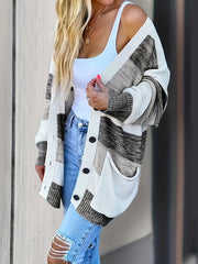 Striped Button Up Pocket Cardigan Long Sleeve Sweater