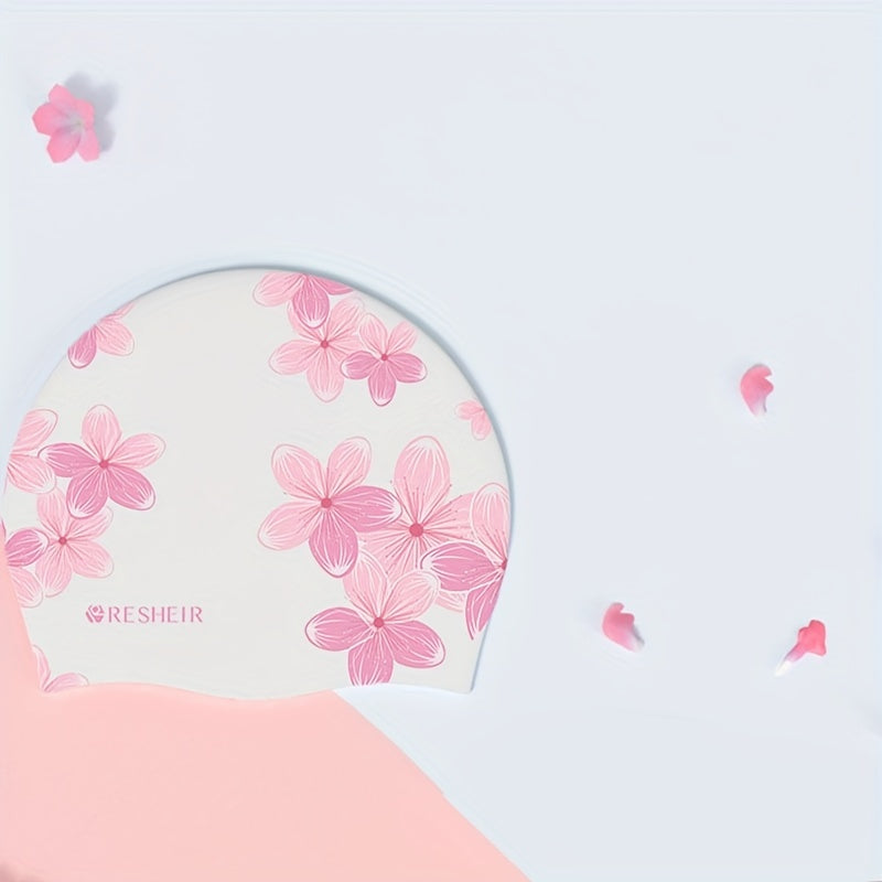 Flower Print Silicone Swimming Cap for Women Waterproof Ear Protection