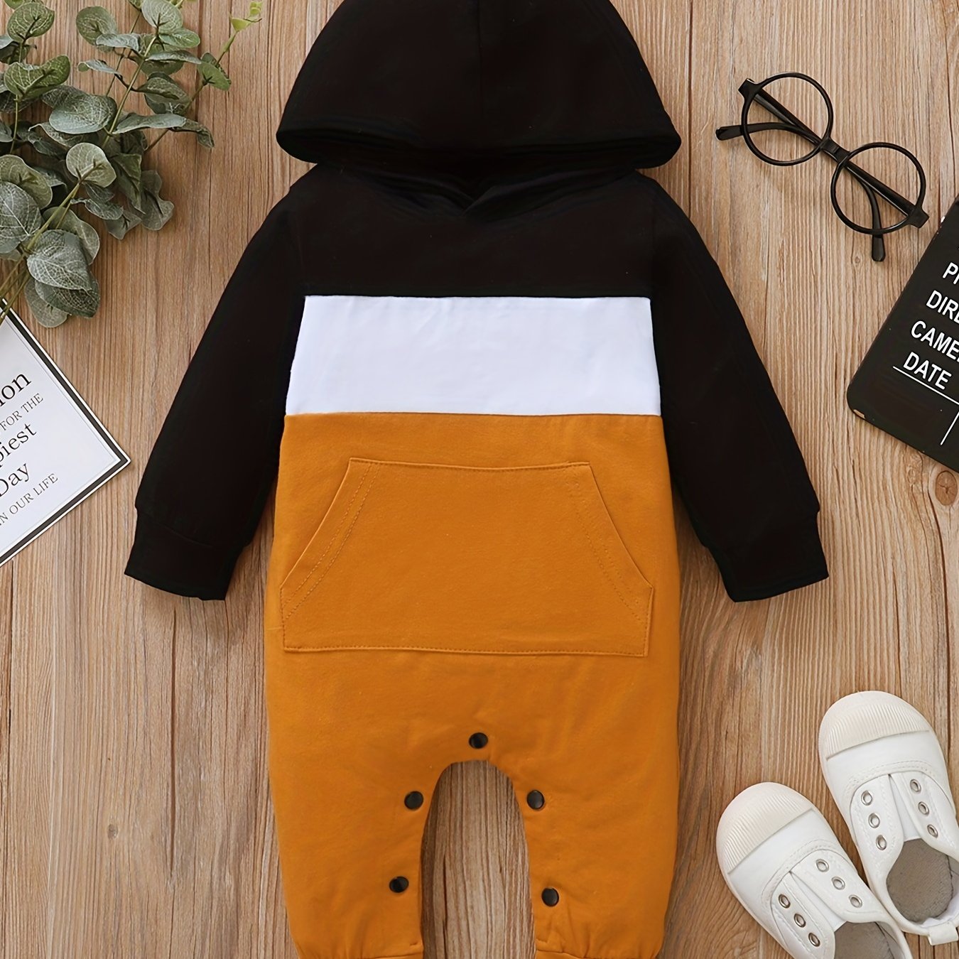 Classic Block Casual Jumpsuit Long Sleeve Hooded Romper