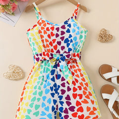 Colorful Heart Graphic Cami Romper Jumpsuit with Belt