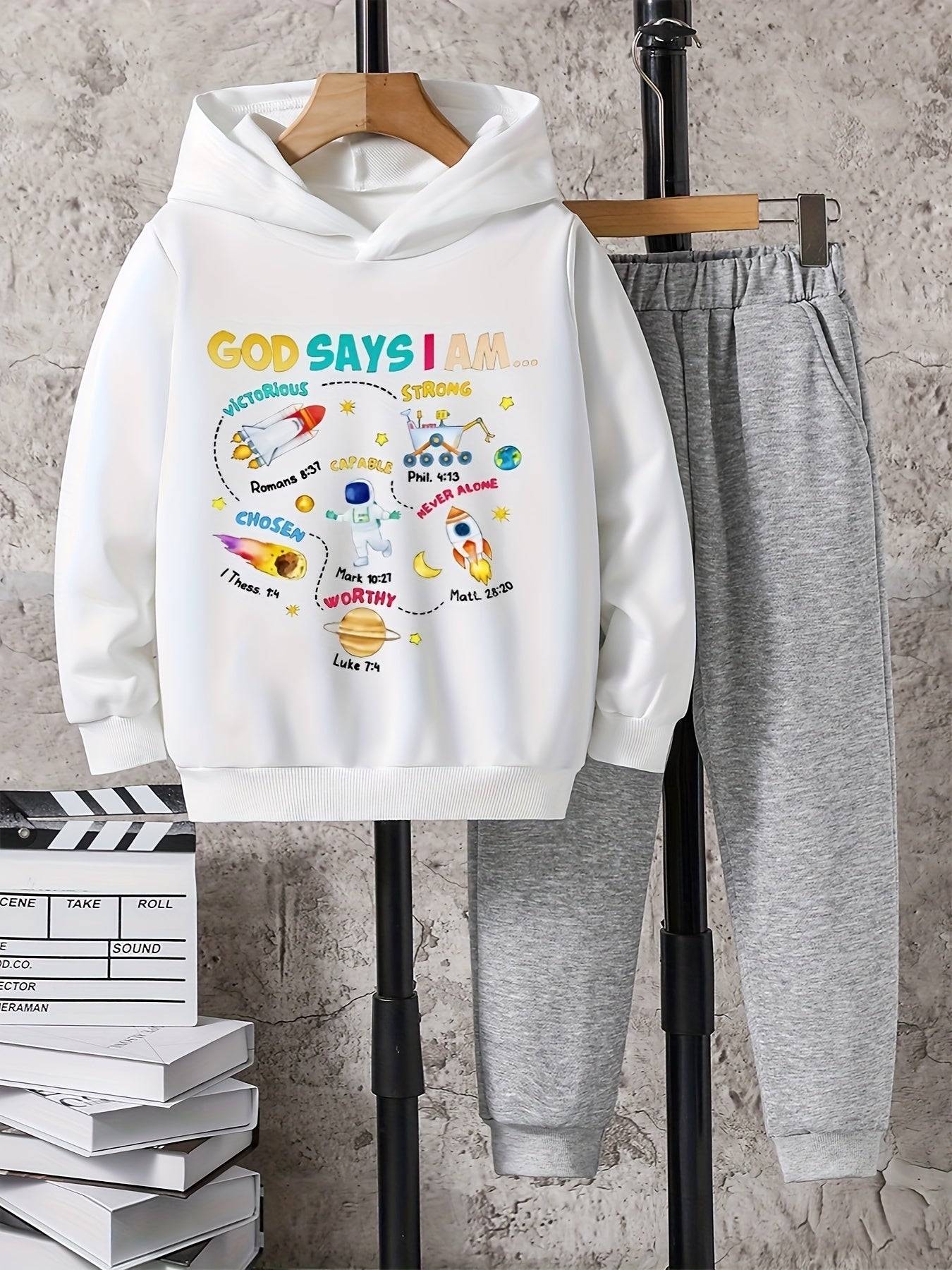 2pcs Astronaut And Planet Print Boys Hoodie Set