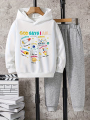2pcs Astronaut And Planet Print Boys Hoodie Set