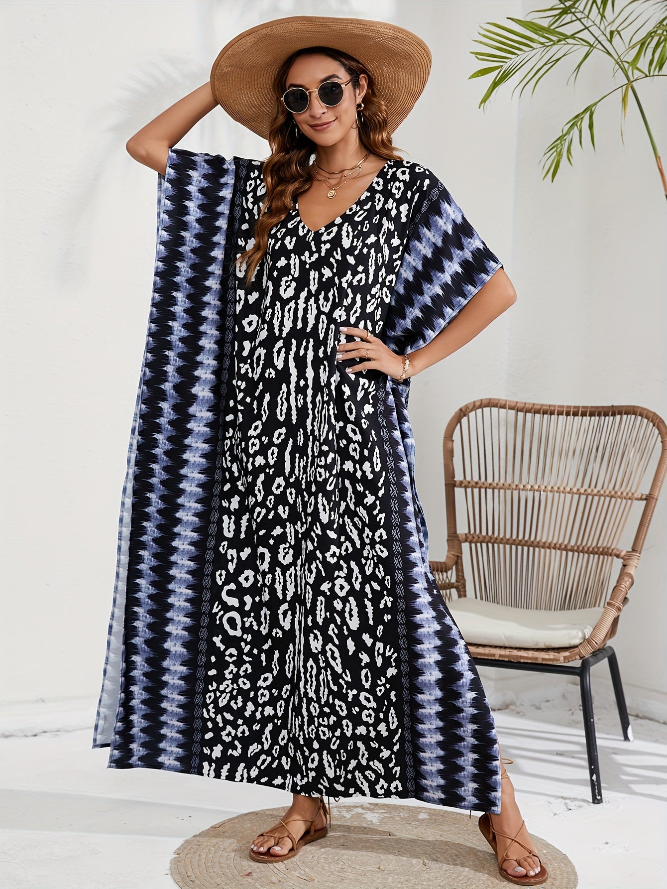 Boho Leopard & Tie Dye Maxi Split Cover Up Dress