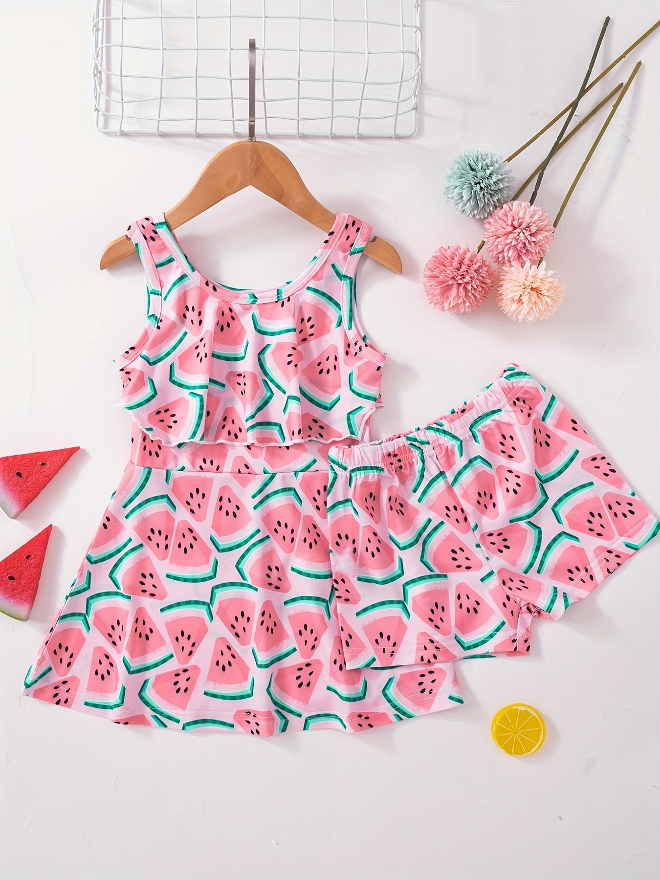 Toddler Girls Watermelon Swimsuit Set Sleeveless Ruffle Dress & Shorts