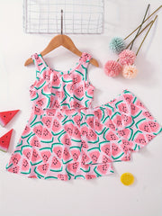 Toddler Girls Watermelon Swimsuit Set Sleeveless Ruffle Dress & Shorts