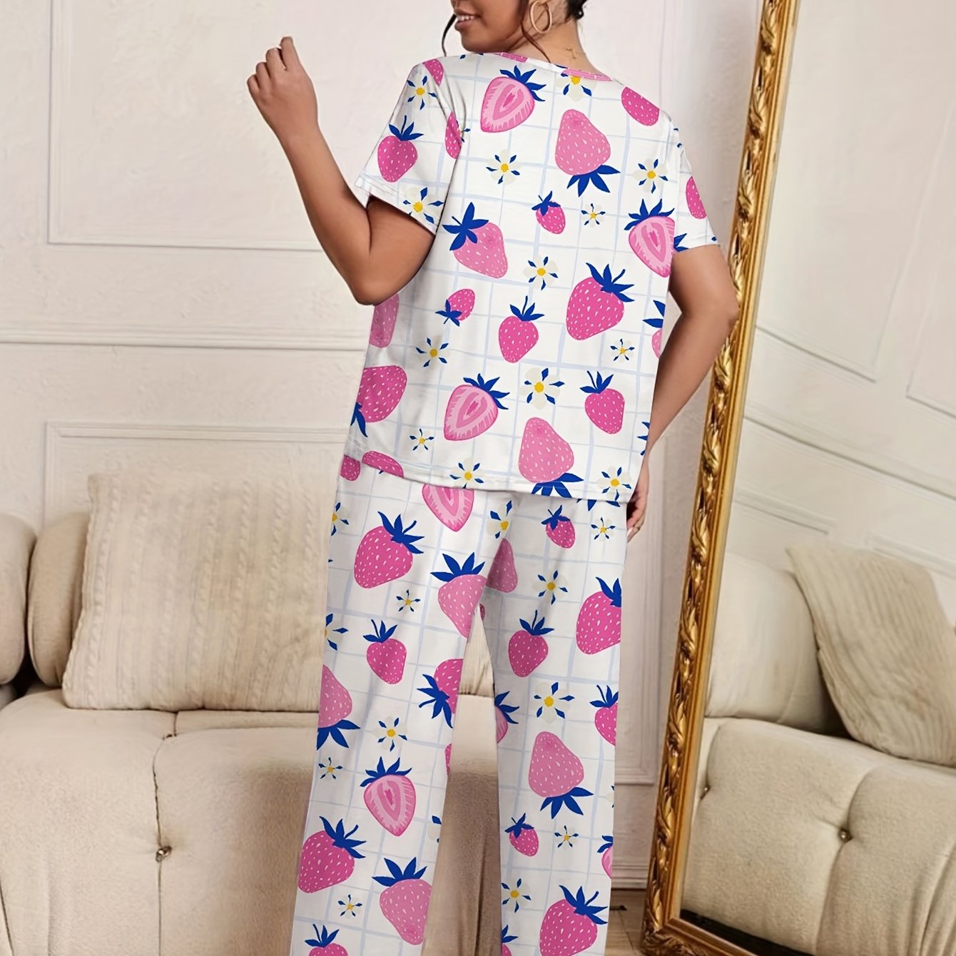 Strawberry & Flower Print Pajama Set Two Piece Loungewear