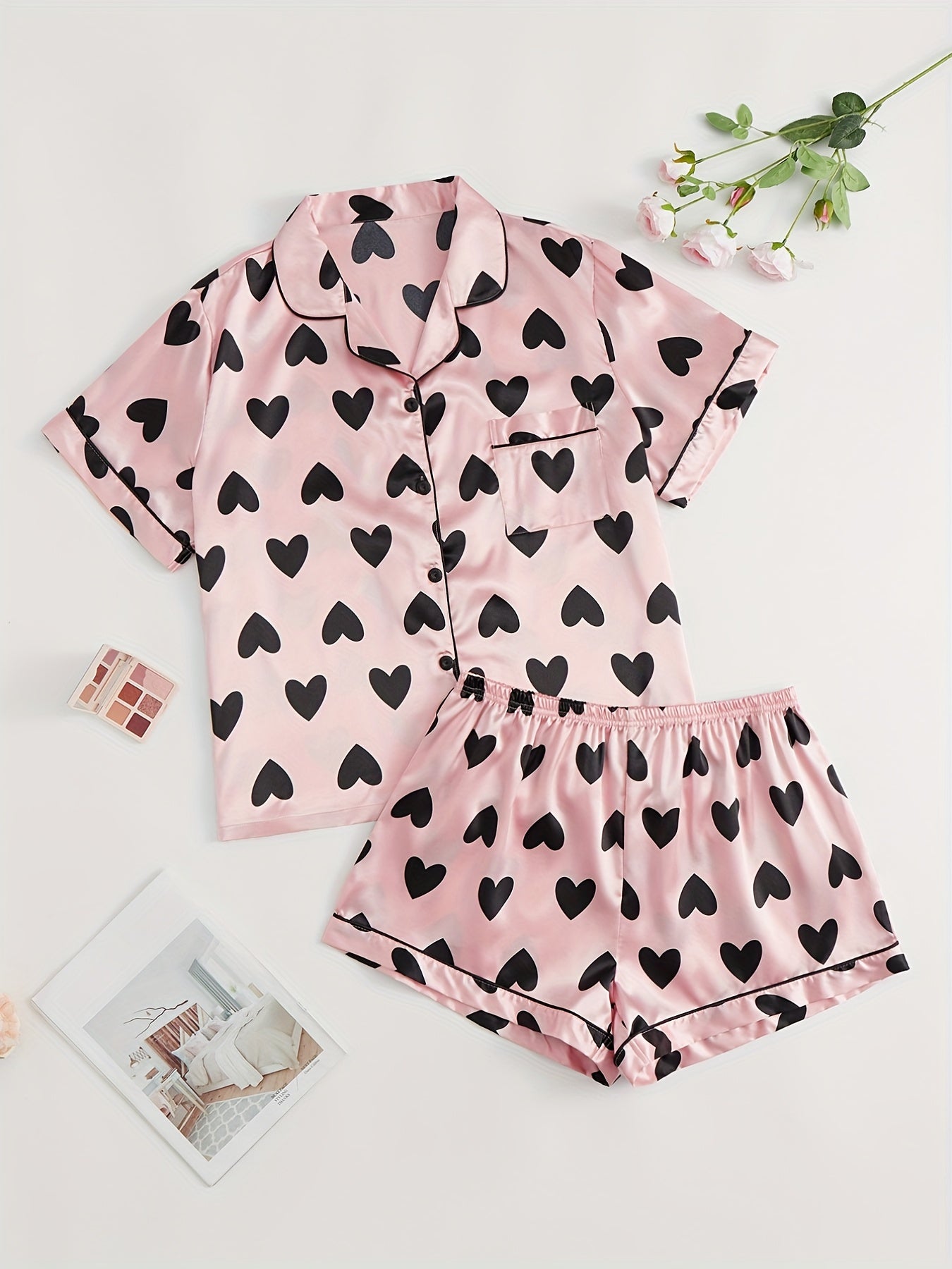 Heart Print Satin Pajama Set