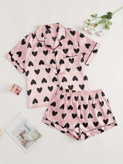 Heart Print Satin Pajama Set