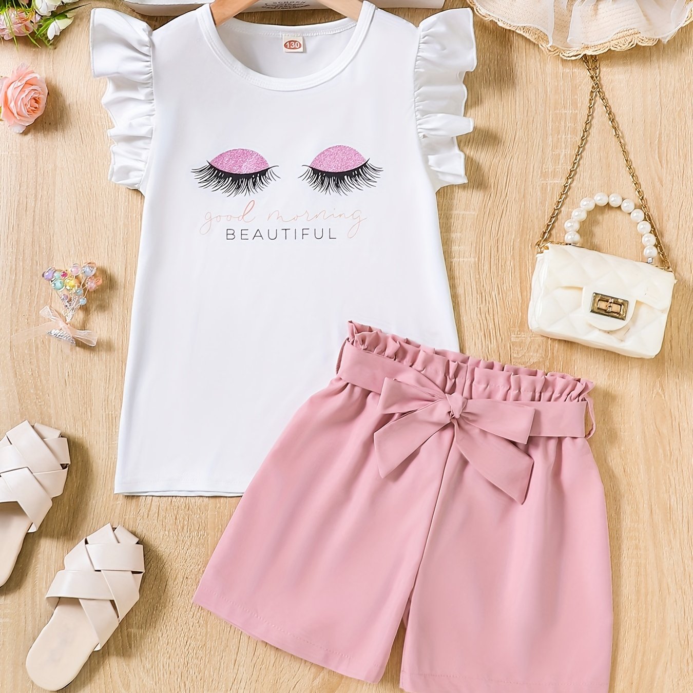 2pcs Girls Eyelash Ruffle Sleeves Top & Shorts Set Kids Summer Clothes