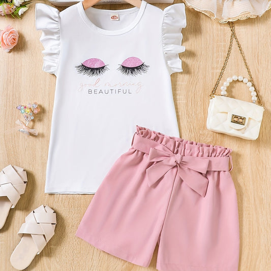 2pcs Girls Eyelash Ruffle Sleeves Top & Shorts Set Kids Summer Clothes