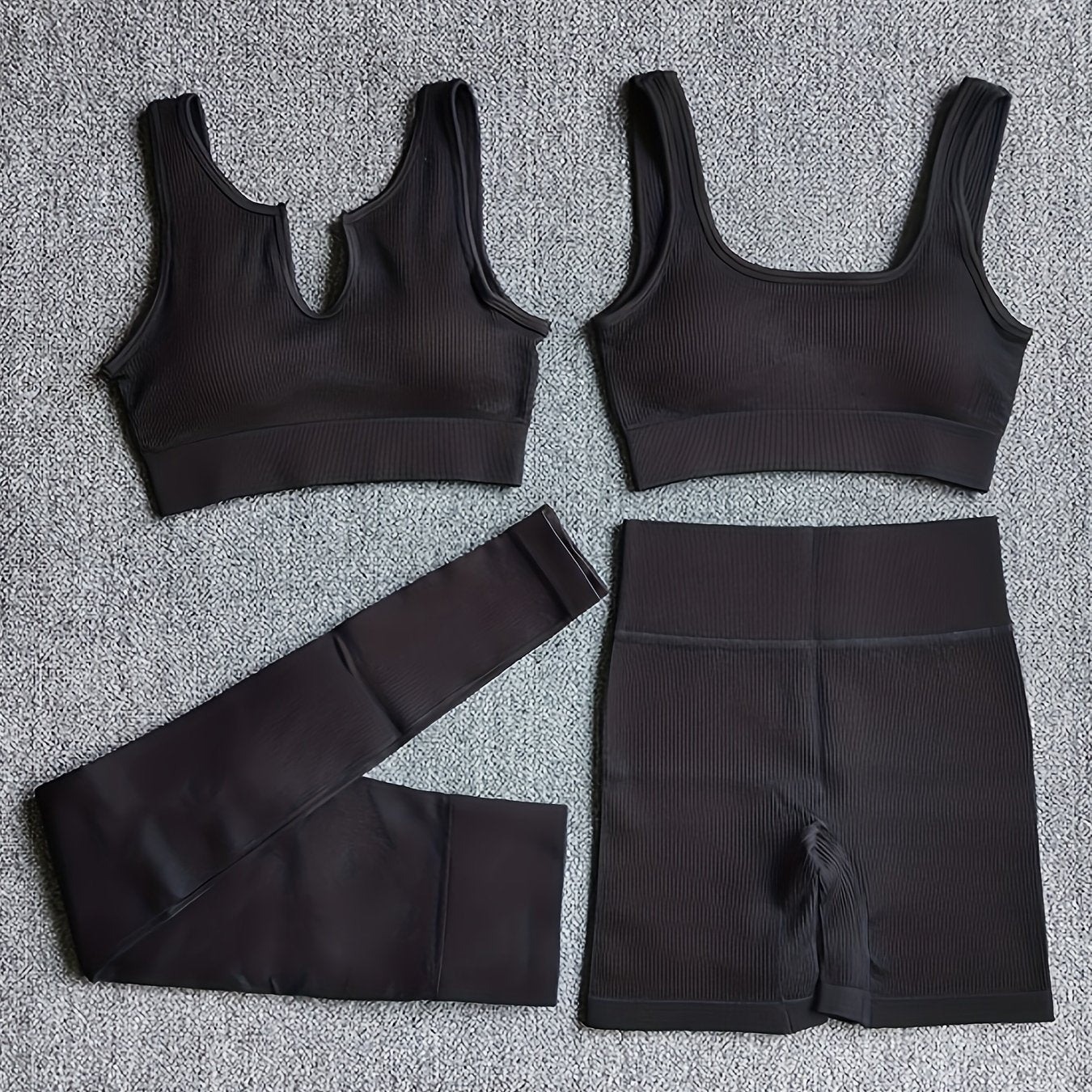 4pcs Yoga Workout Set V neck Sports Bra & Shorts & Legings Women's Activewear