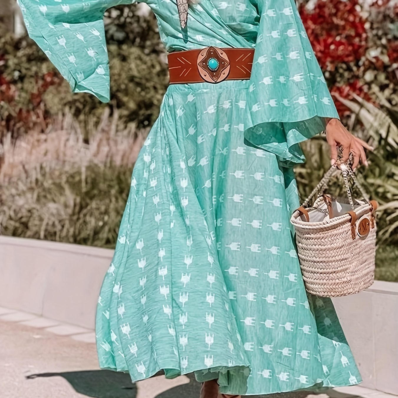 Boho Dress Women's Plus Allover Print Flare Sleeve Maxi Dress