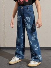 Girls Smiley Face Graphic Denim Wide Leg Pants