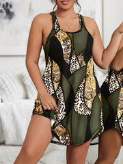 Retro Lounge Dress Women's Plus Paisley & Leopard Print Scoop Neck