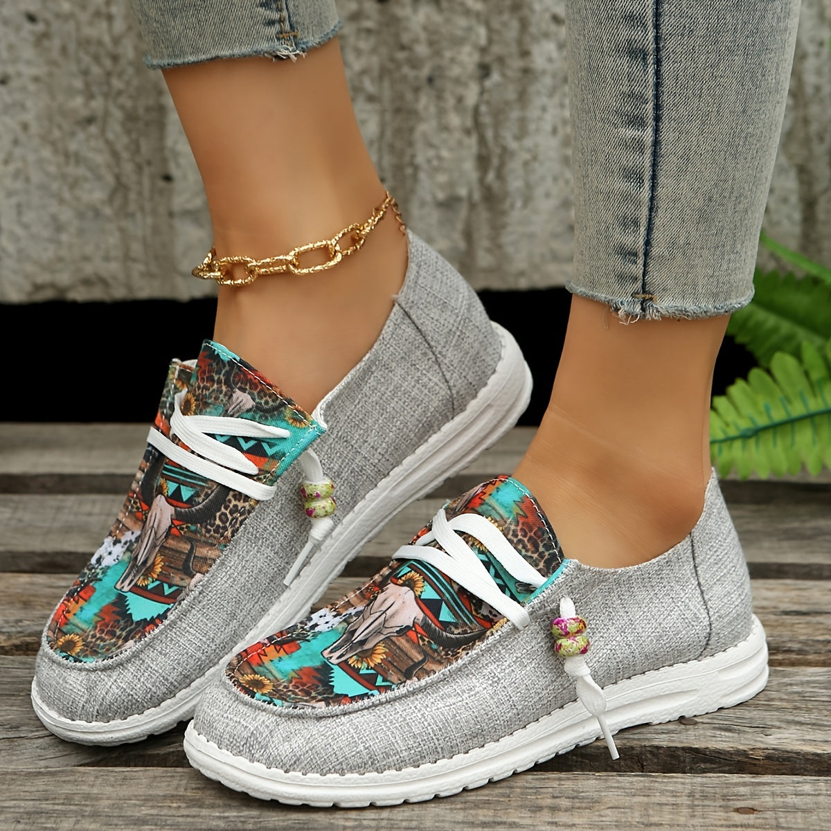 Women's Printed Low Top Flat Shoes Lace Up Sport Shoes