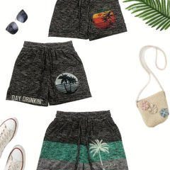 3 Packs Coconut Tree Print Shorts Casual Drawstring Shorts