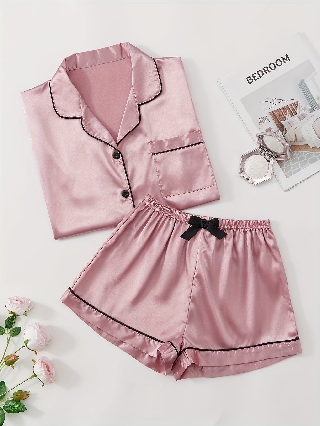 Satin Pajamas Set Short Sleeve Top & Shorts