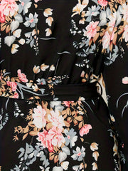 Floral Print Lantern Sleeve Knee Length Dress With Belt