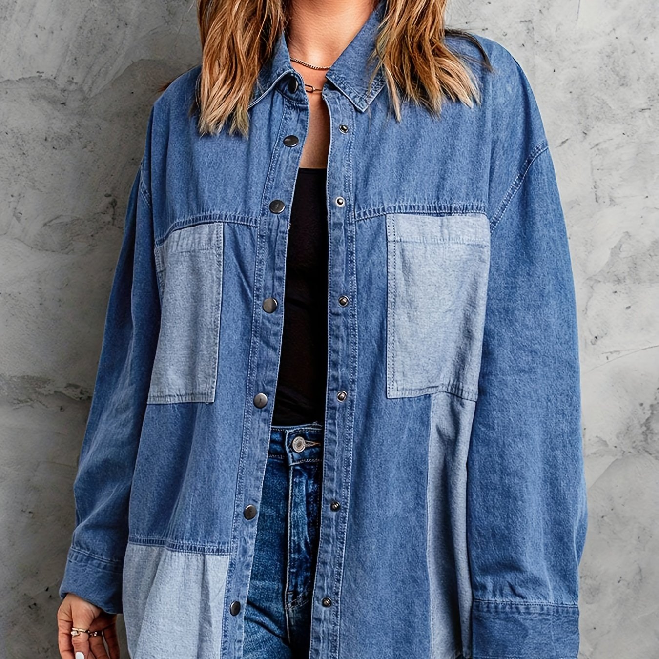 Patchwork Print Long Sleeve Denim Shirt Top