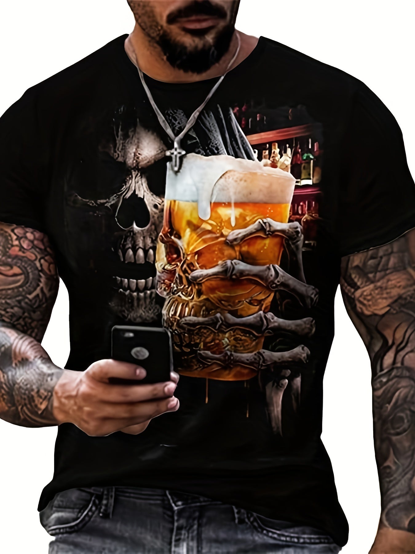 Gothic Skeleton Graphic T-shirt for Men Vintage 3D Print Stretchy Crew Neck