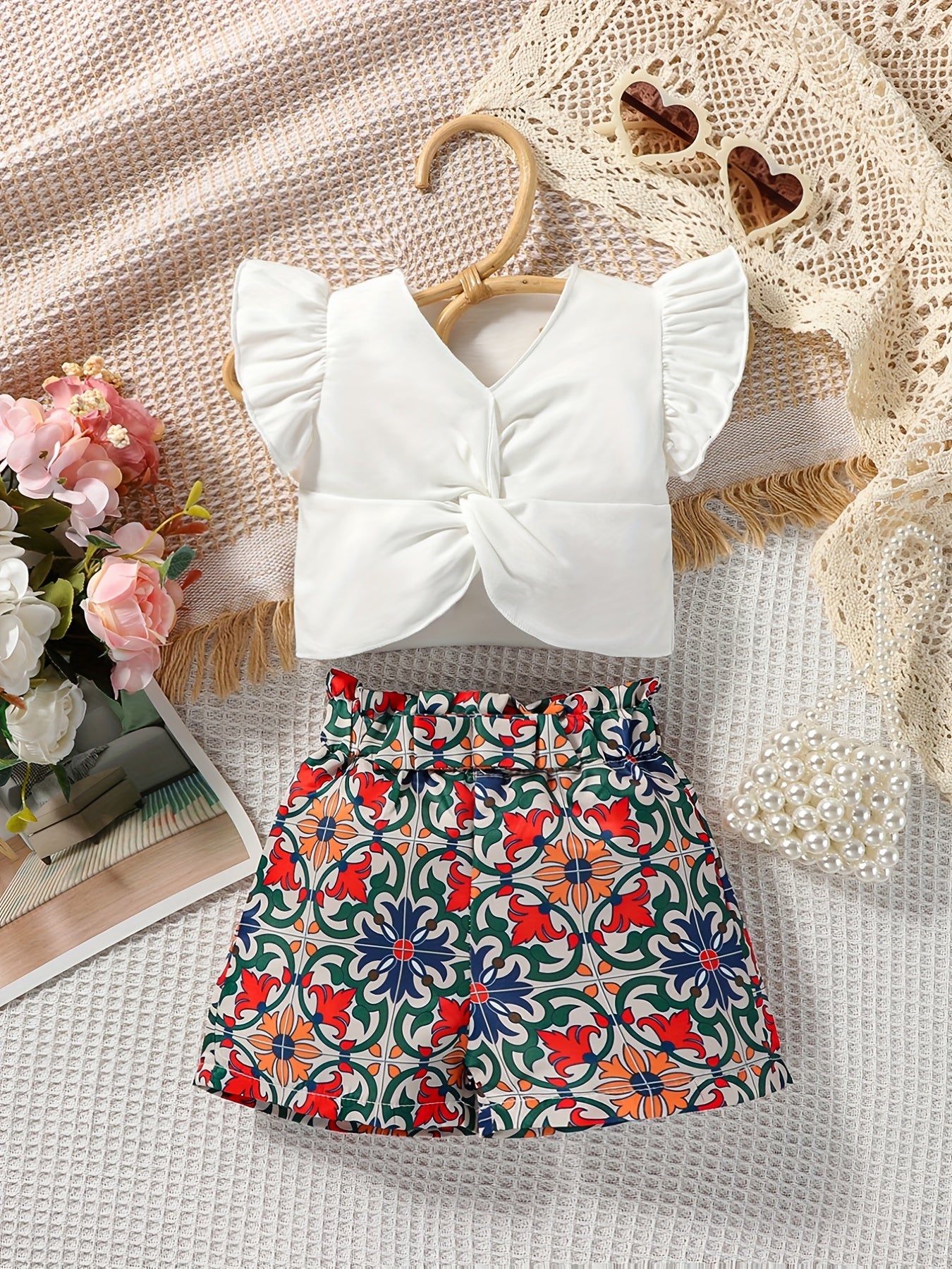 2pcs Baby Girls Ruffle Sleeve Top & Pattern Shorts Set