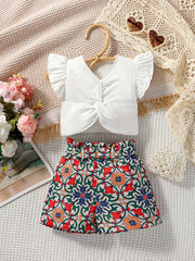 2pcs Baby Girls Ruffle Sleeve Top & Pattern Shorts Set