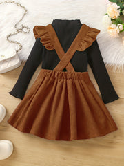 Girl's Preppy Style 2pcs Ribbed Top & Corduroy Overall Skirt Set