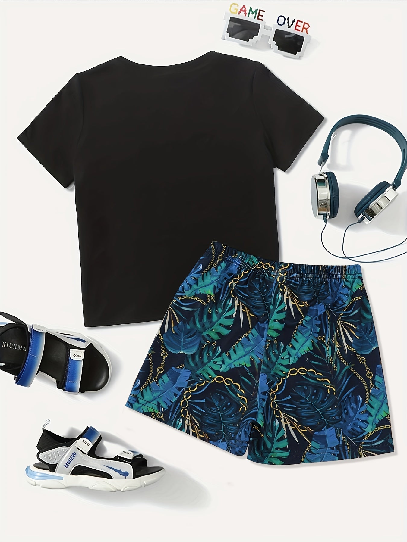 Boys Teen Casual Pocket Patched T shirt & Leaf Shorts Set for Summer