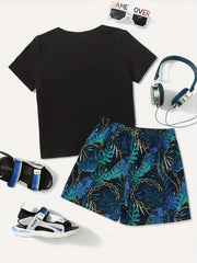 Boys Teen Casual Pocket Patched T shirt & Leaf Shorts Set for Summer