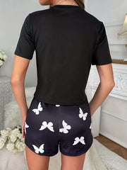 Butterfly Print Pajamas Set Short Sleeve & Shorts Women's Sleepwear