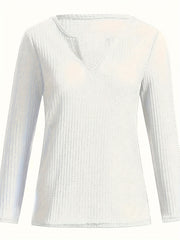 Casual Sweater Solid Long Sleeve Notched Neck Waffle Knit