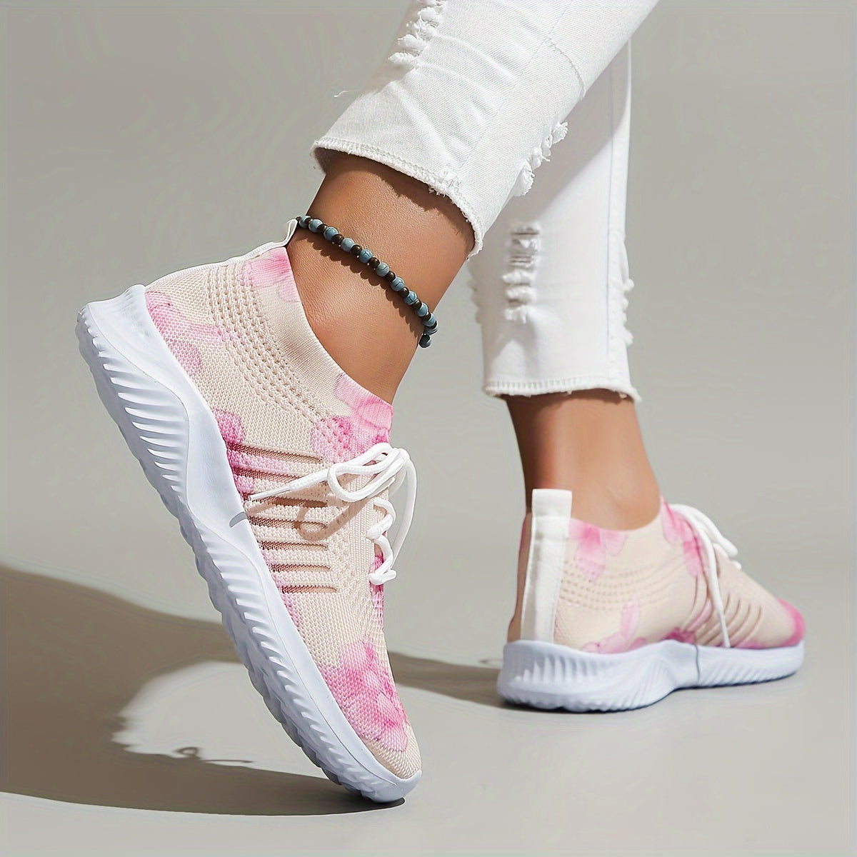 Women's Flower Pattern Lace up Front Sporty Running Shoes