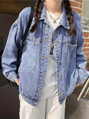 Loose Fit Denim Jackets Patch Pockets Long Sleeves Lapel Versatile Denim Coats