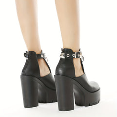 Women's Block Heel Platform Pumps Cutout Buckle Strap Shoes