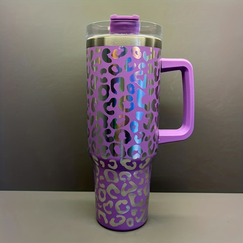 40oz Stainless Steel Insulated Car Cup Leopard Print Handle Straw Hand Wash