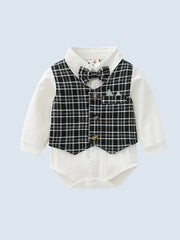 Baby Boys Gentleman Outfit Button Down Shirt Romper & Plaid Pants