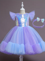 Girls Ruffled Sleeves Puffy Princess Dress Sequin Block Tulle Tutu Dress