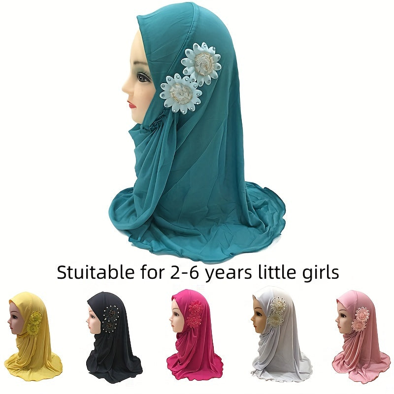 Eid Hat Arab Two Flowers Cover Muslim Headscarf for Little Girls