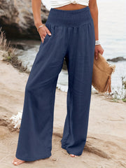 Solid Elastic Waist Wide Leg Pants for Women