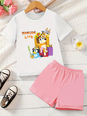 Girl's Dog Print 2pcs T-shirt & Shorts Set MUM LIFE Print Outfits