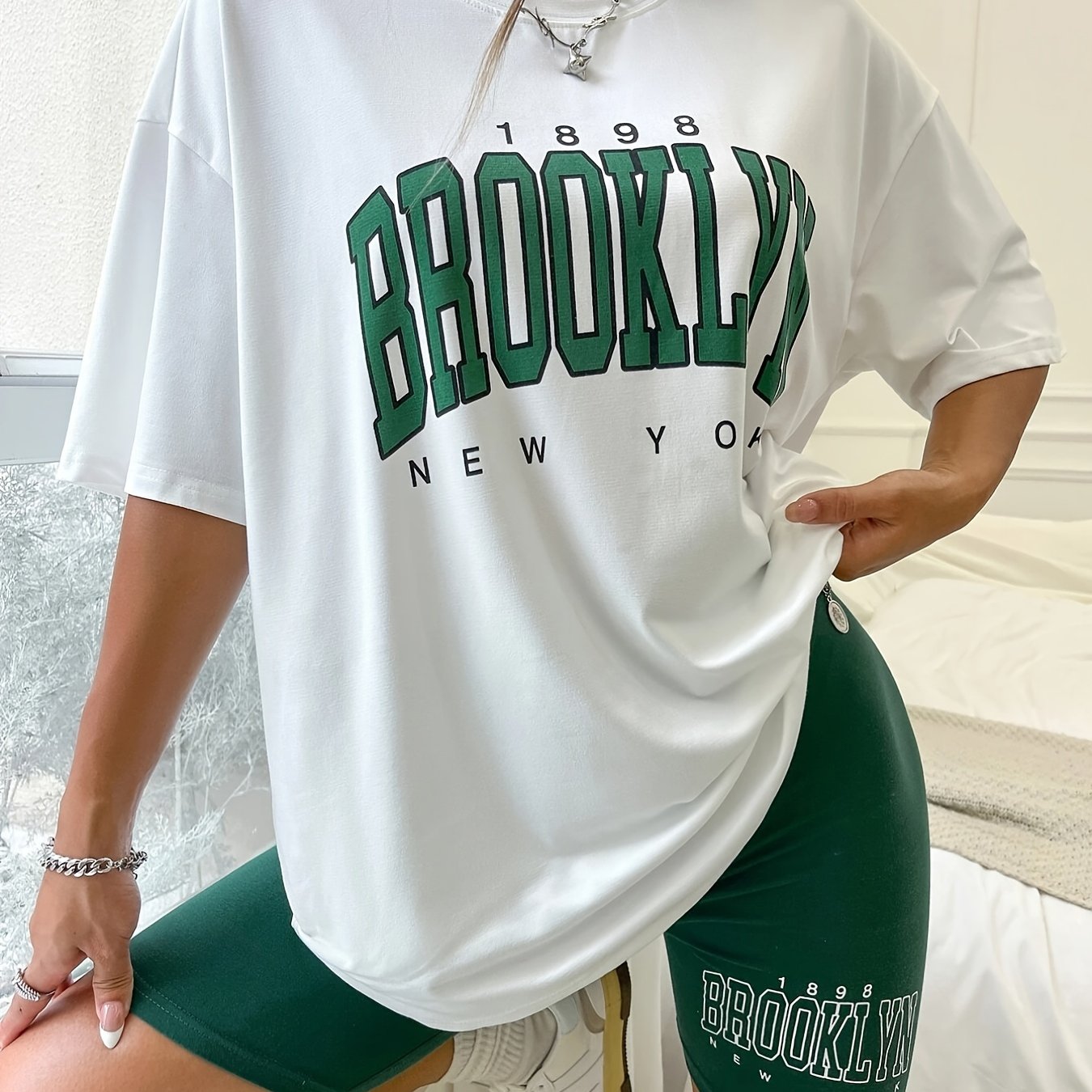 Letter Print 2pc Set Casual Tshirt & High Waist Shorts