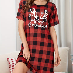 Christmas Plaid Lounge Dress Short Sleeve Women's Loungewear
