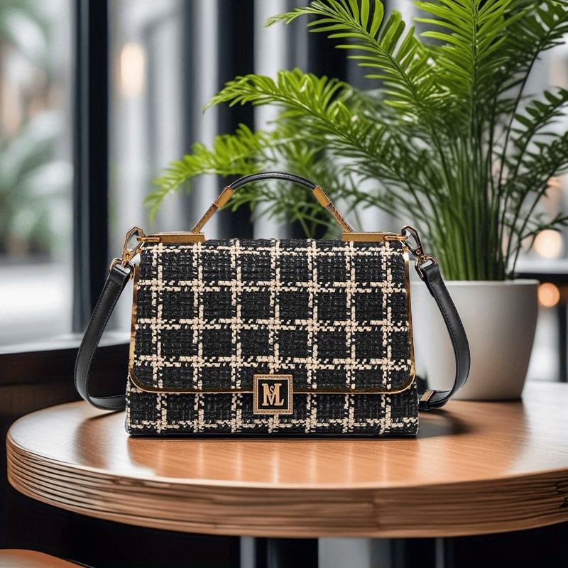 Houndstooth Split Leather Top Handle Shoulder Bag