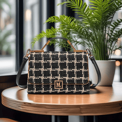 Houndstooth Split Leather Top Handle Shoulder Bag