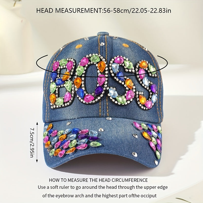 Rhinestone Denim Baseball Cap Distressed Dad Hat Y2K Sun Hat