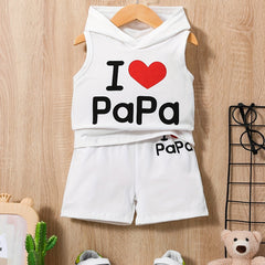 2pcs Baby Boys Casual I Love Papa Hooded Tank Top & Shorts Set Clothes