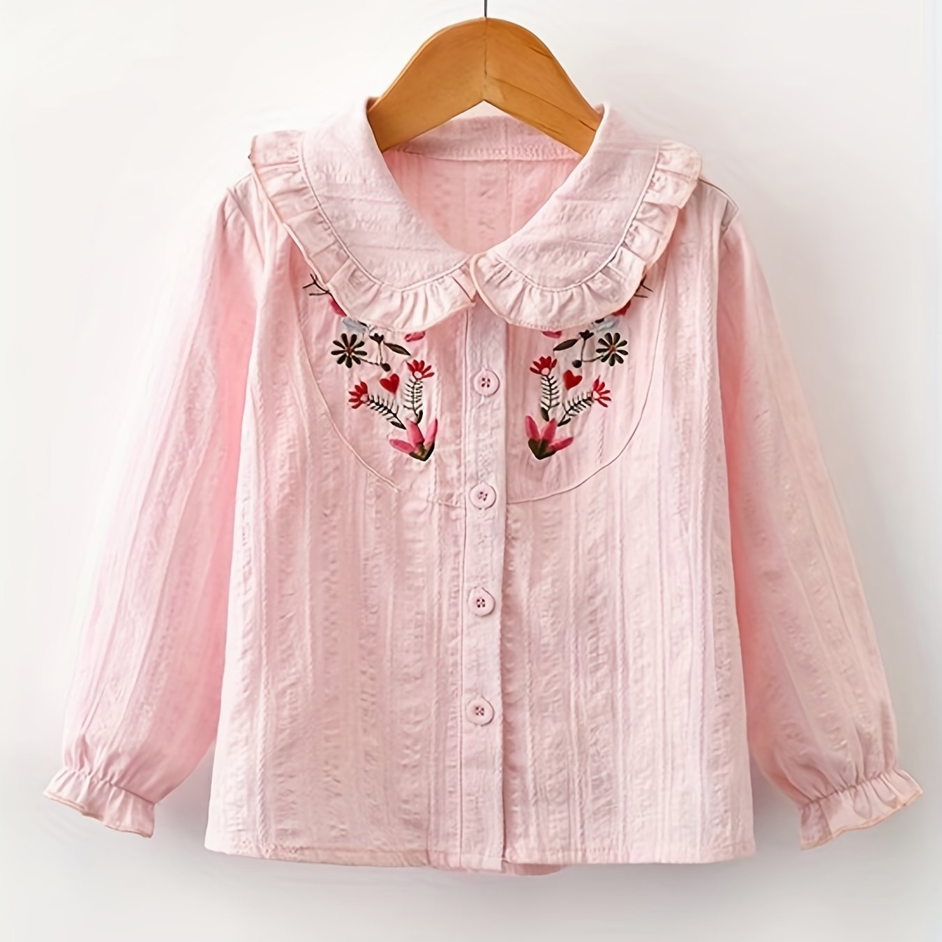 Girls Button Long Sleeve Embroidered Shirt Tops