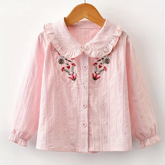 Girls Button Long Sleeve Embroidered Shirt Tops