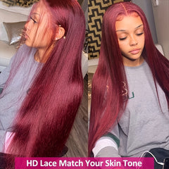 Burgundy 13x4 Transparent Straight Lace Front Wigs Human Hair 150 Density